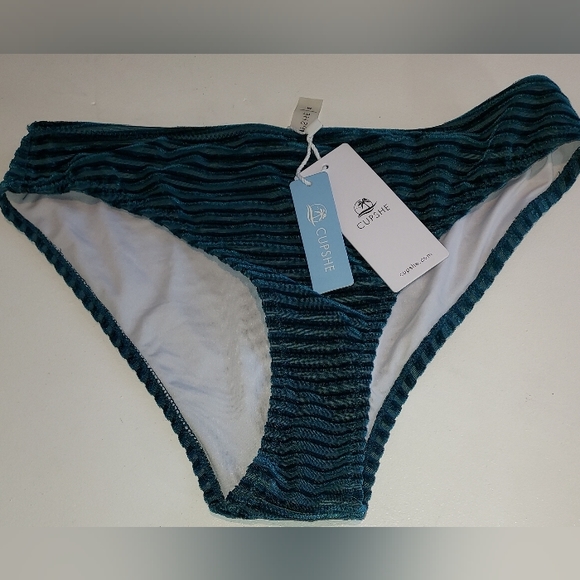 Cupshe Swim Crushed Velvet Dark Teal Ribbed Cut Out Swimsuit 2 Piece NWT - Picture 3 of 8